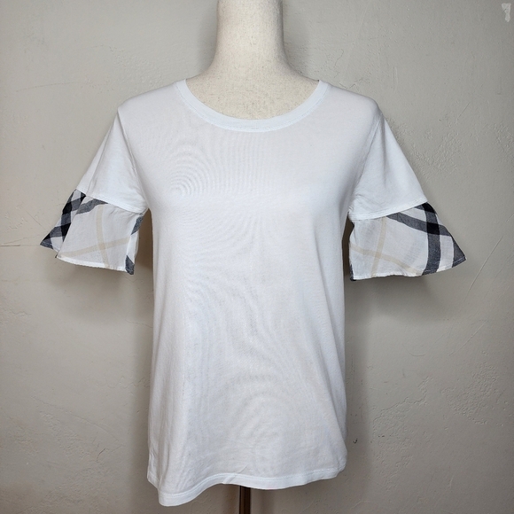 Burberry White Cotton T-Shirt w/ Flutter Sleeve Nova Check Detail Size XS - Picture 3 of 10